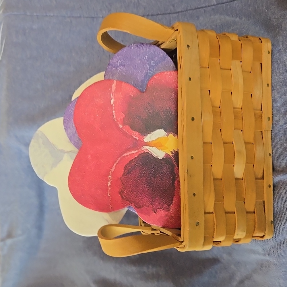 Colorful Spring Pansies, Cork backed Coasters (6) in a Wicker Caddy Basket